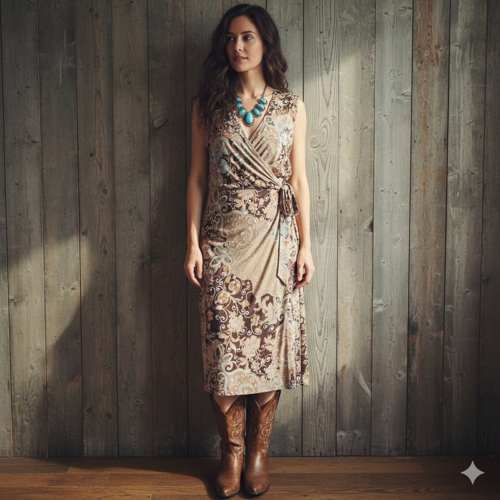 Merona Paisley Midi Dress  Western Casual Paisley Cream Brown Blue SZ M